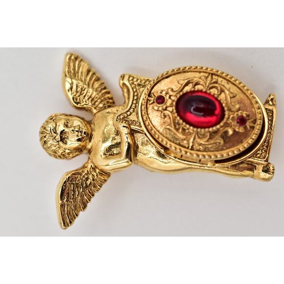 Vatican Library Vintage Angel Cherub Locket Pin Brooch Red Cabochon Signed BinBI - Picture 4 of 12